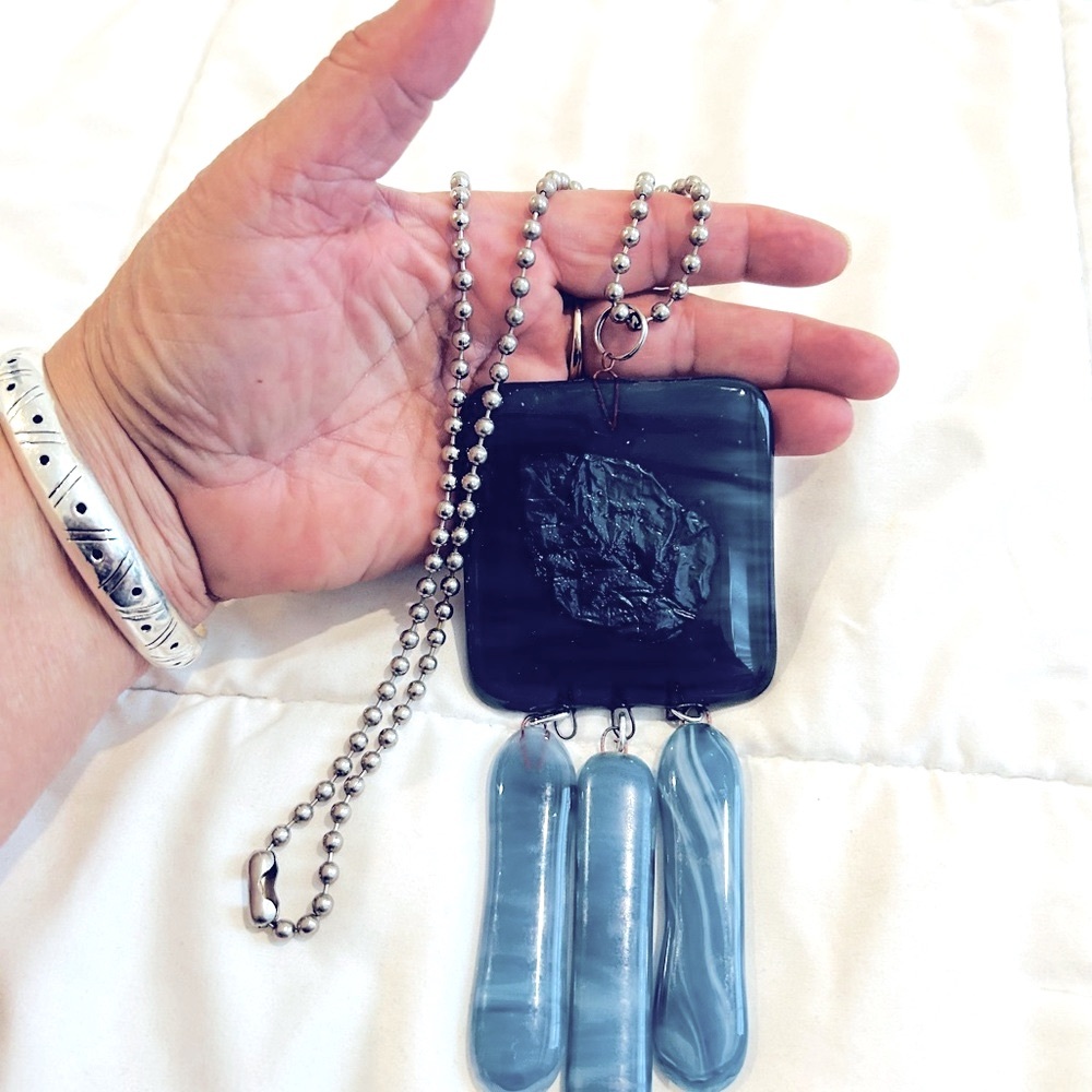 Stunning Blue Glass Pendant Necklace with Glass Dangles on a Silver Chain